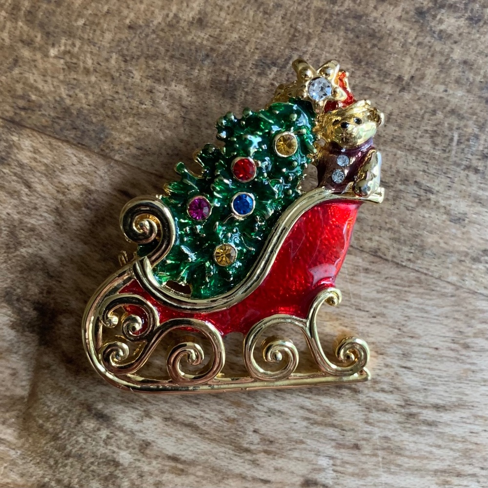 Vintage Christopher Radko Christmas Sleigh Brooch Gold Tone Enamel Rhinestones